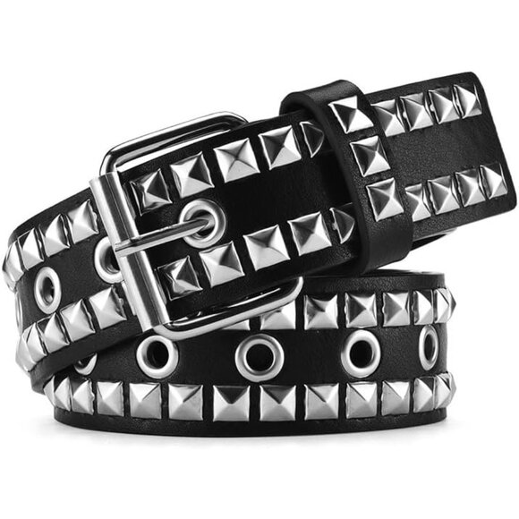 Women's 3 - Black Metal Punk Rock Rivet Belt With Bright Pyramid Studded - Picture 8 of 8